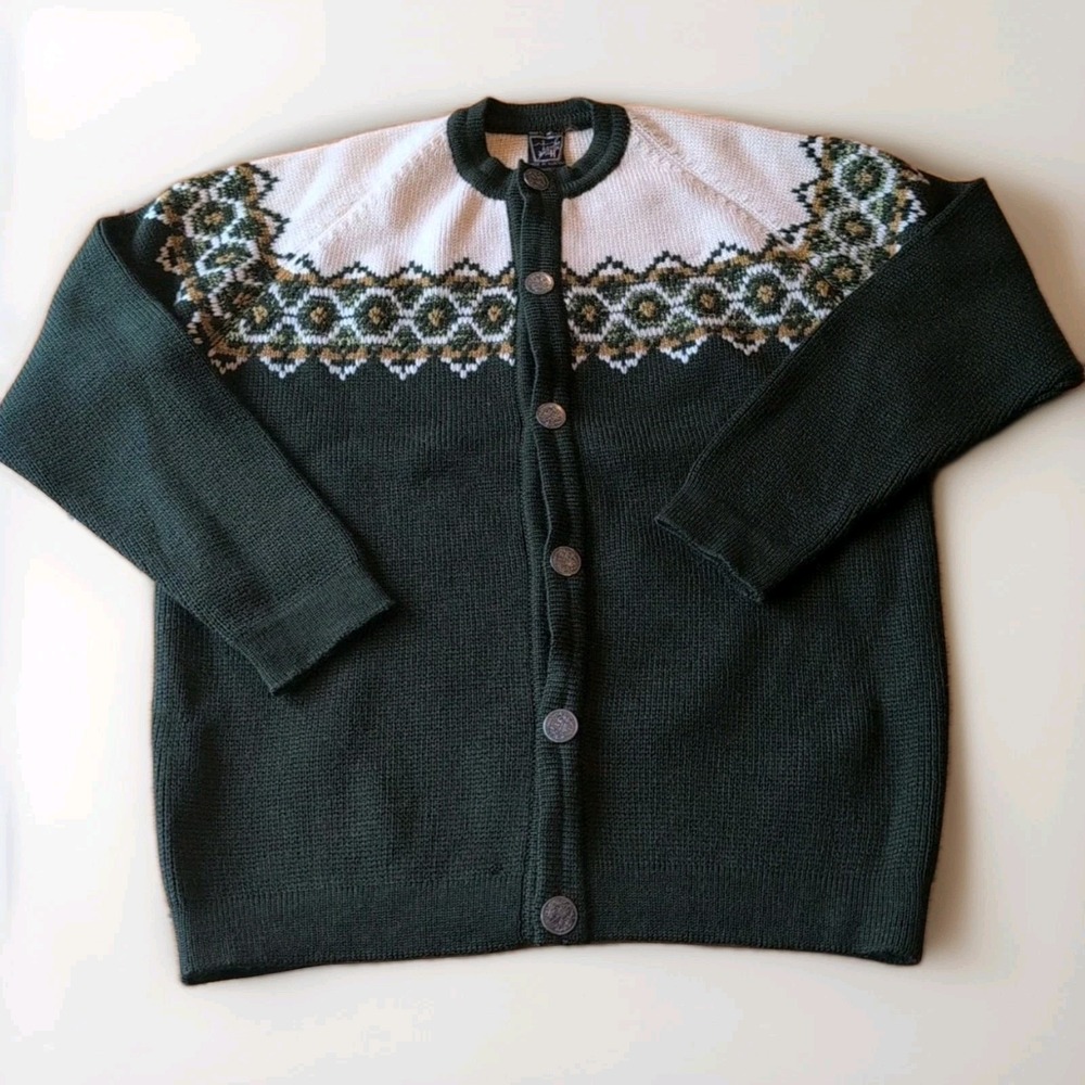 VTG AH Austria 100% Wool 1970's Buttons Hand Embroidery Green Sweater  XL